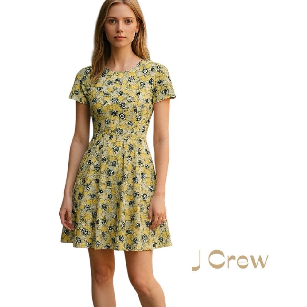 J Crew Gray Yellow Floral Short Sleeve Cottage Dress NWOT Size 00